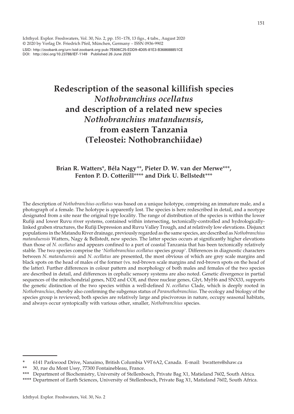 Redescription of the Seasonal Killifish Species Nothobranchius Ocellatus
