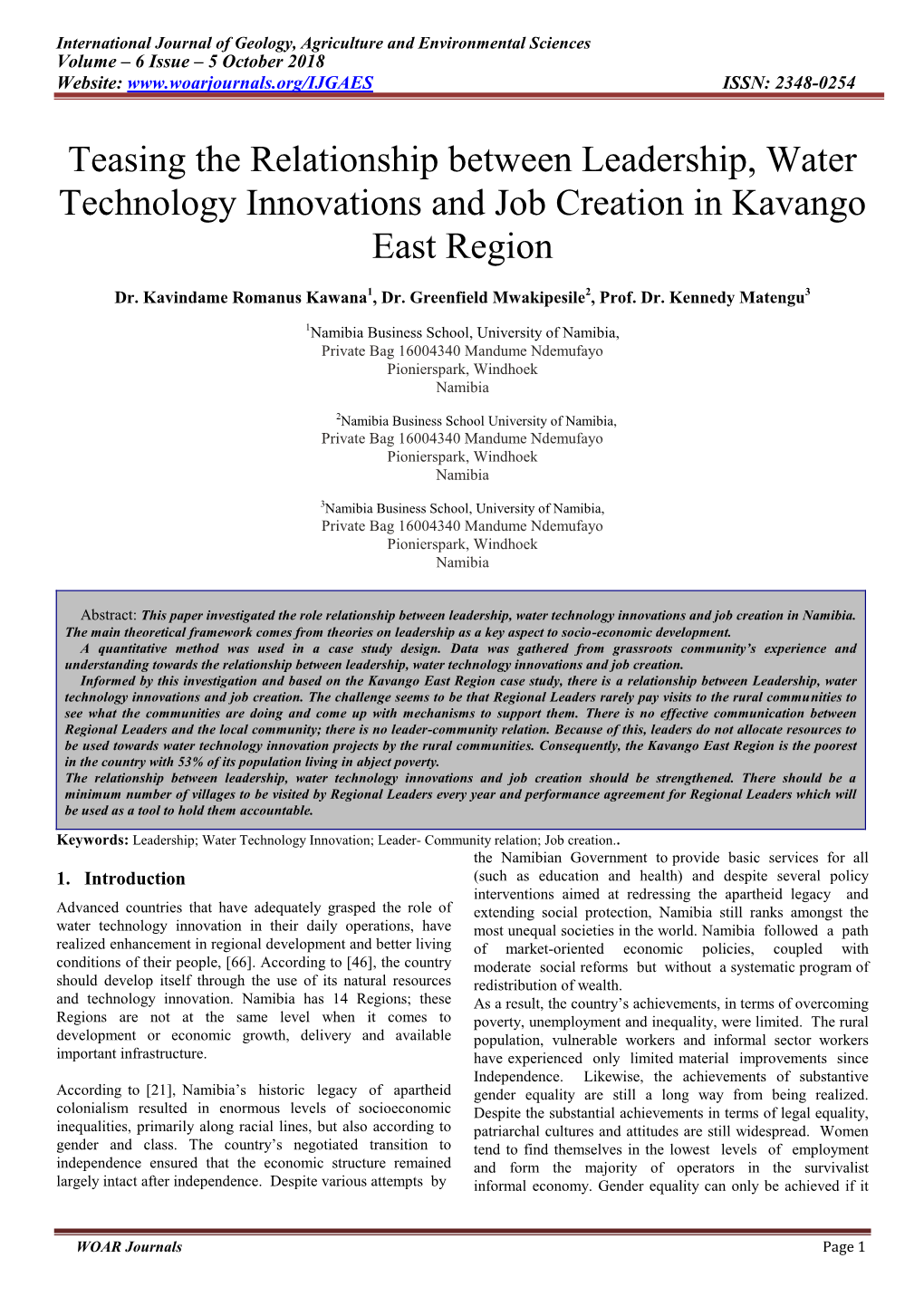 Teasing the Relationship Between Leadership, Water Technology Innovations and Job Creation in Kavango East Region