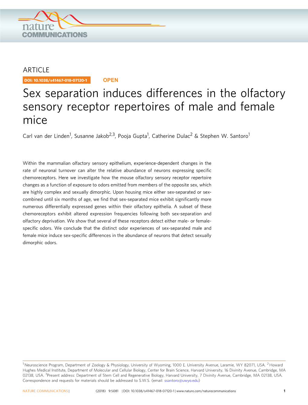 Sex Separation Induces Differences in the Olfactory Sensory Receptor Repertoires of Male and Female Mice