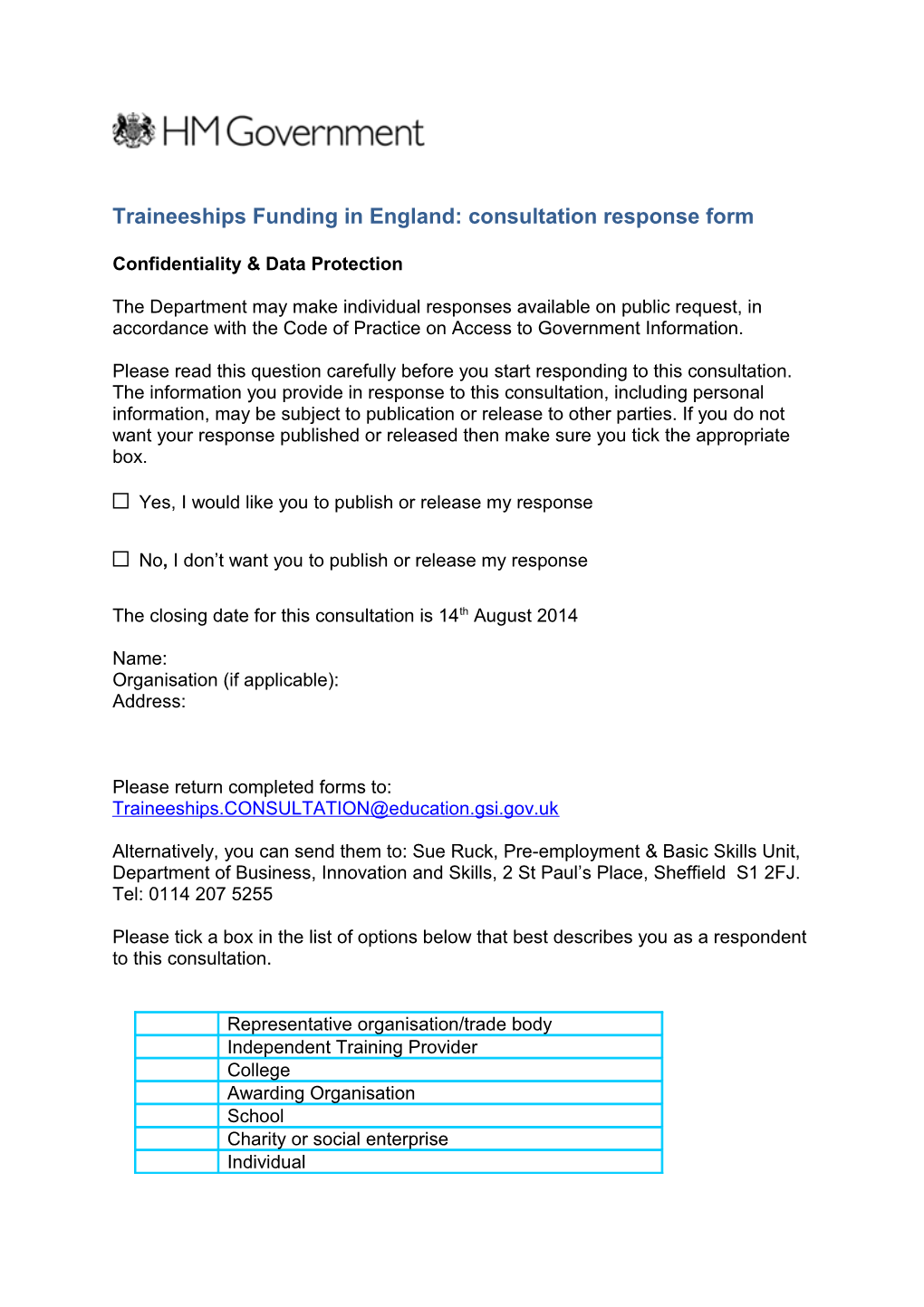 Traineeships Funding in England: Consultation Response Form