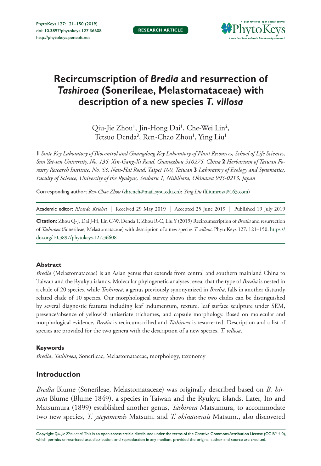 Recircumscription of Bredia and Resurrection of Tashiroea (Sonerileae, Melastomataceae) with Description of a New Species T. Villosa