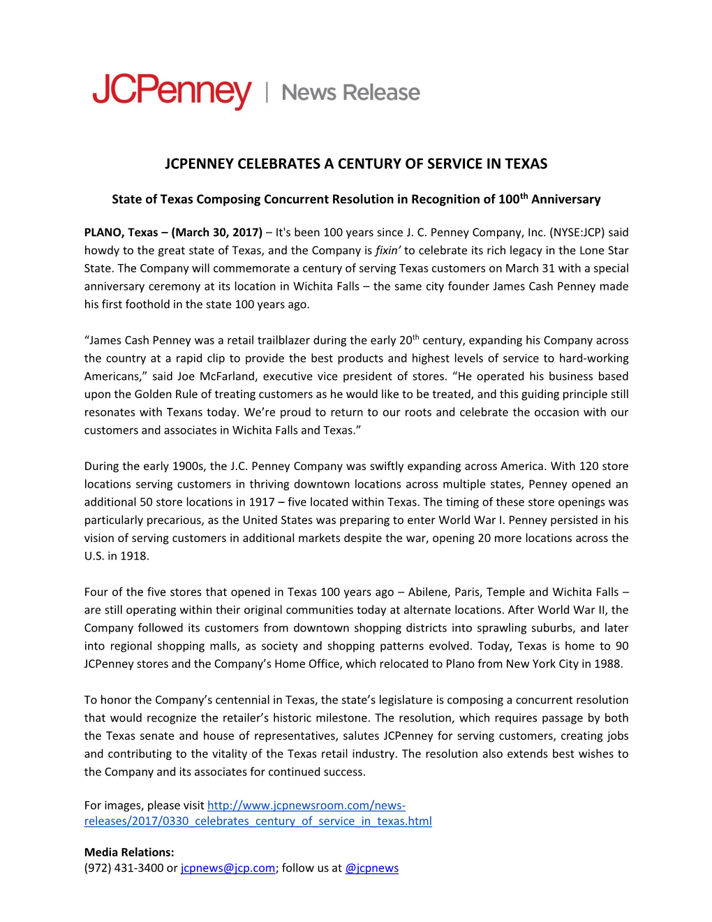 Jcpenney Celebrates a Century of Service in Texas (PDF)