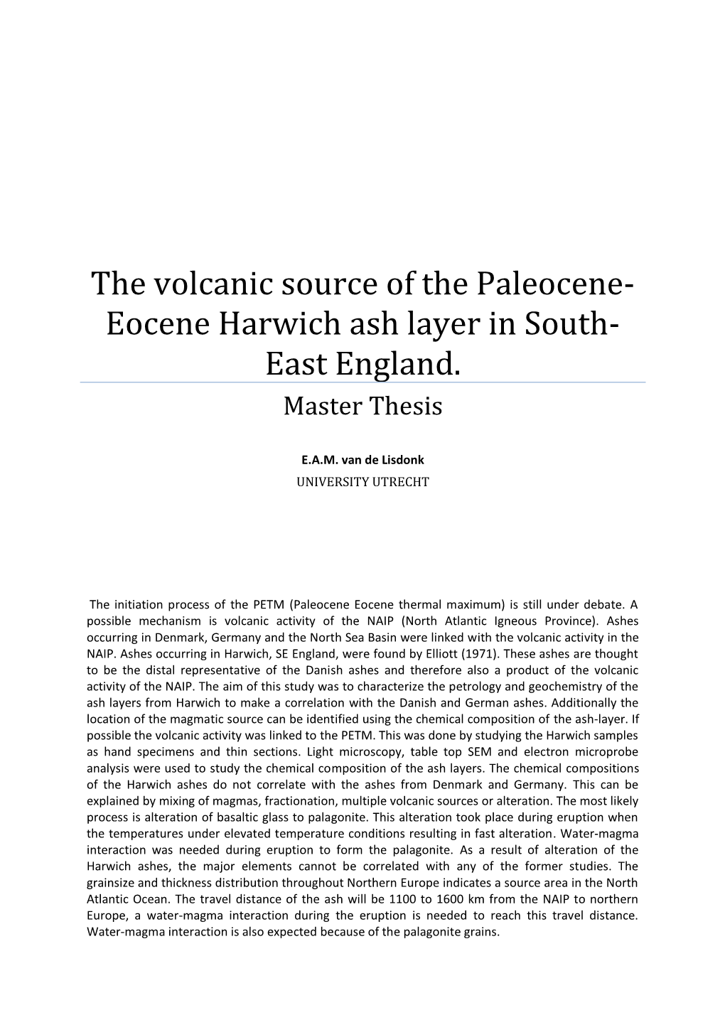The Volcanic Source of the Paleocene-Eocene Harwich Ash
