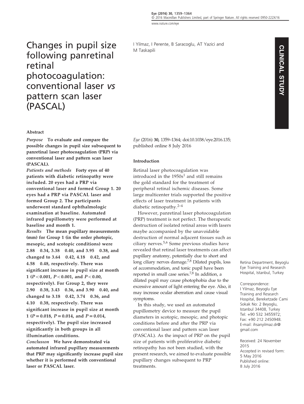 Changes in Pupil Size Following Panretinal Retinal Photocoagulation