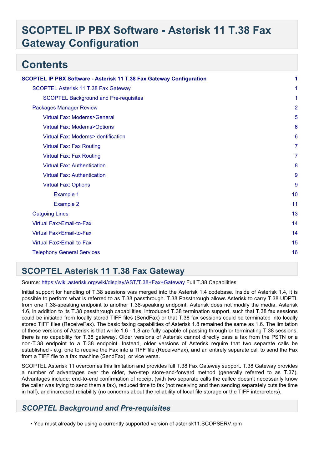 SCOPTEL IP PBX Software - Asterisk 11 T.38 Fax Gateway Configuration Contents