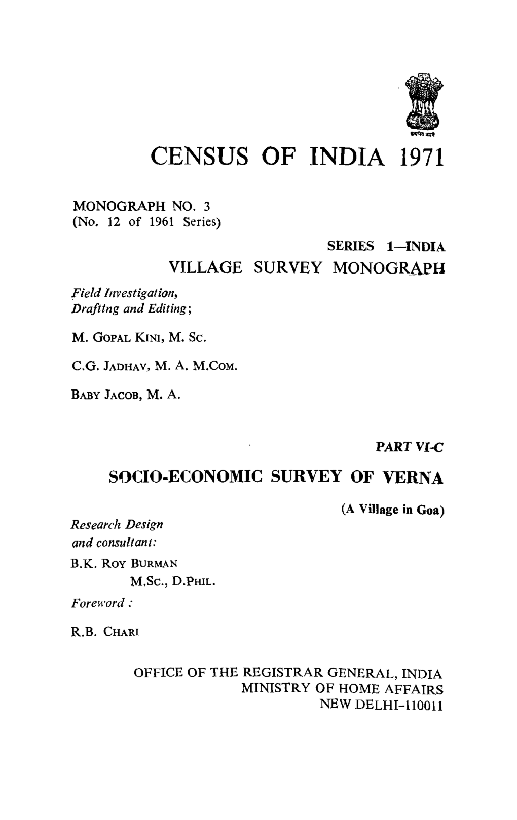 Village Survey Monograph, Socio-Economic Survey of Verna