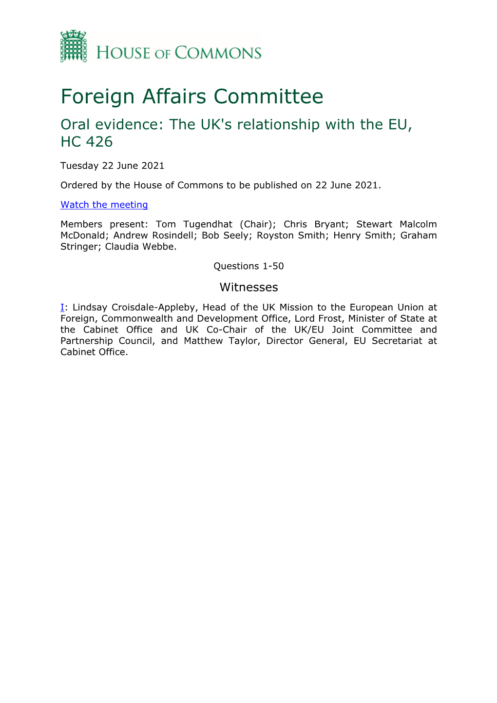Foreign Affairs Committee Oral Evidence: the UK's Relationship with the EU, HC 426