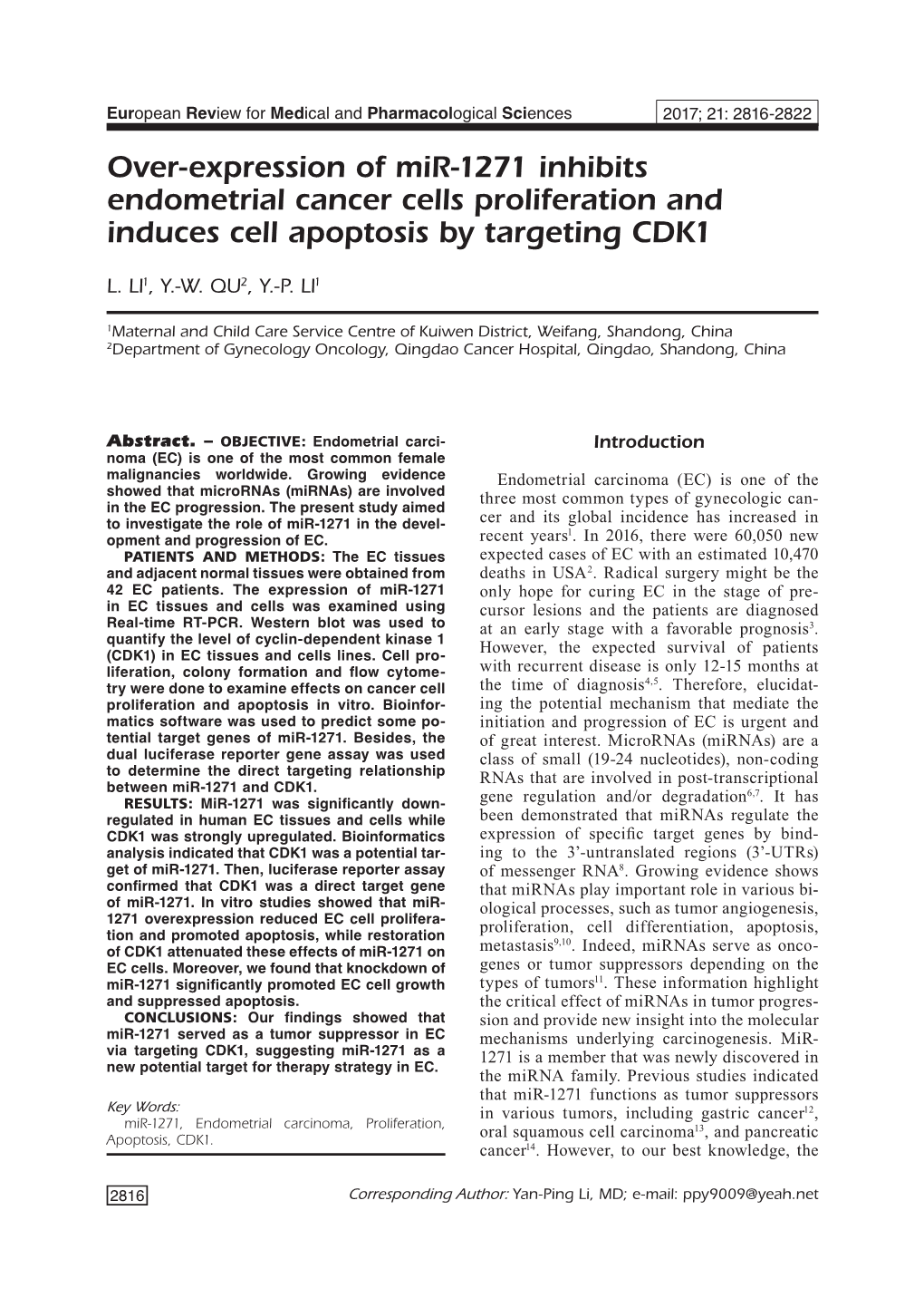 Over-Expression of Mir-1271 Inhibits Endometrial Cancer Cells Proliferation and Induces Cell Apoptosis by Targeting CDK1