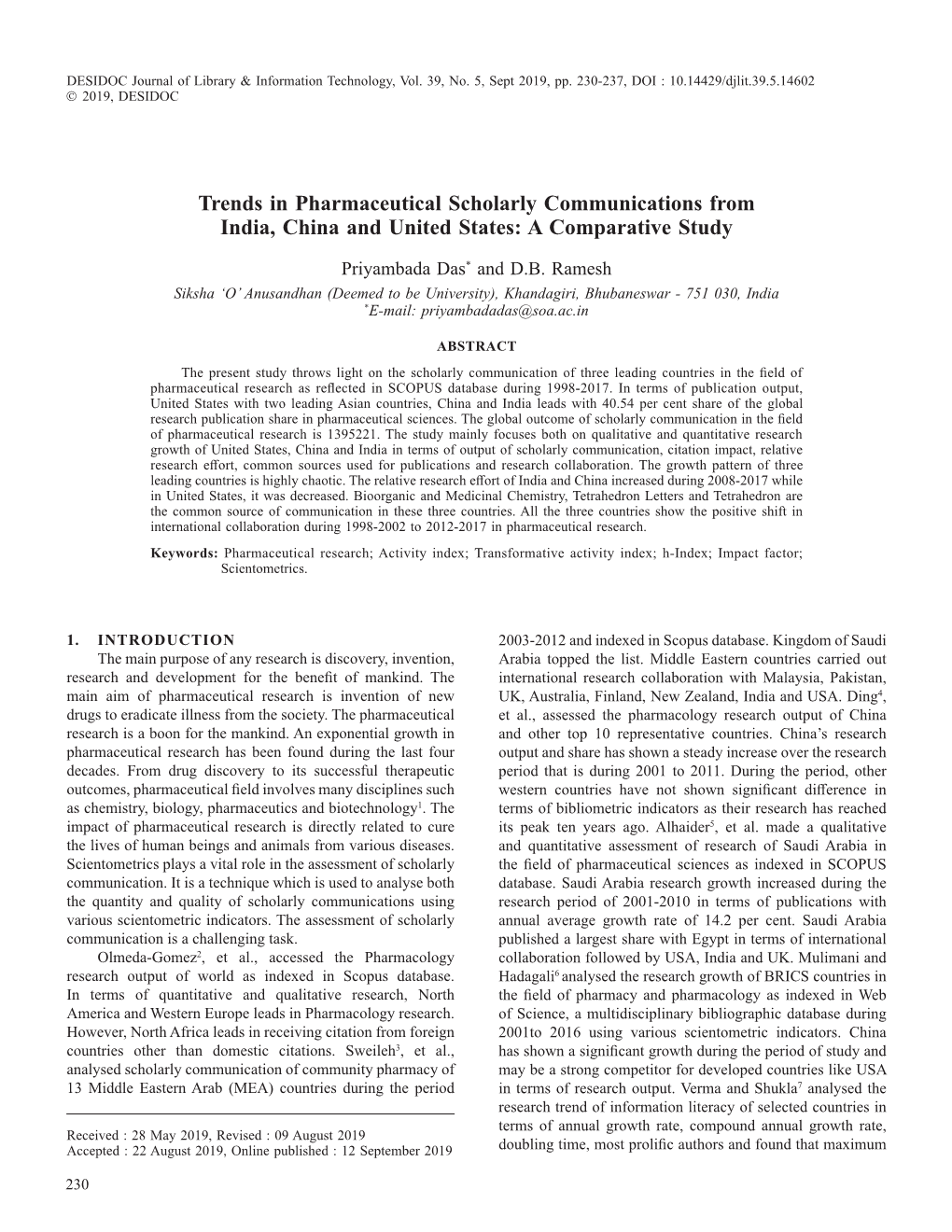 Trends in Pharmaceutical Scholarly Communications from India, China and United States: a Comparative Study