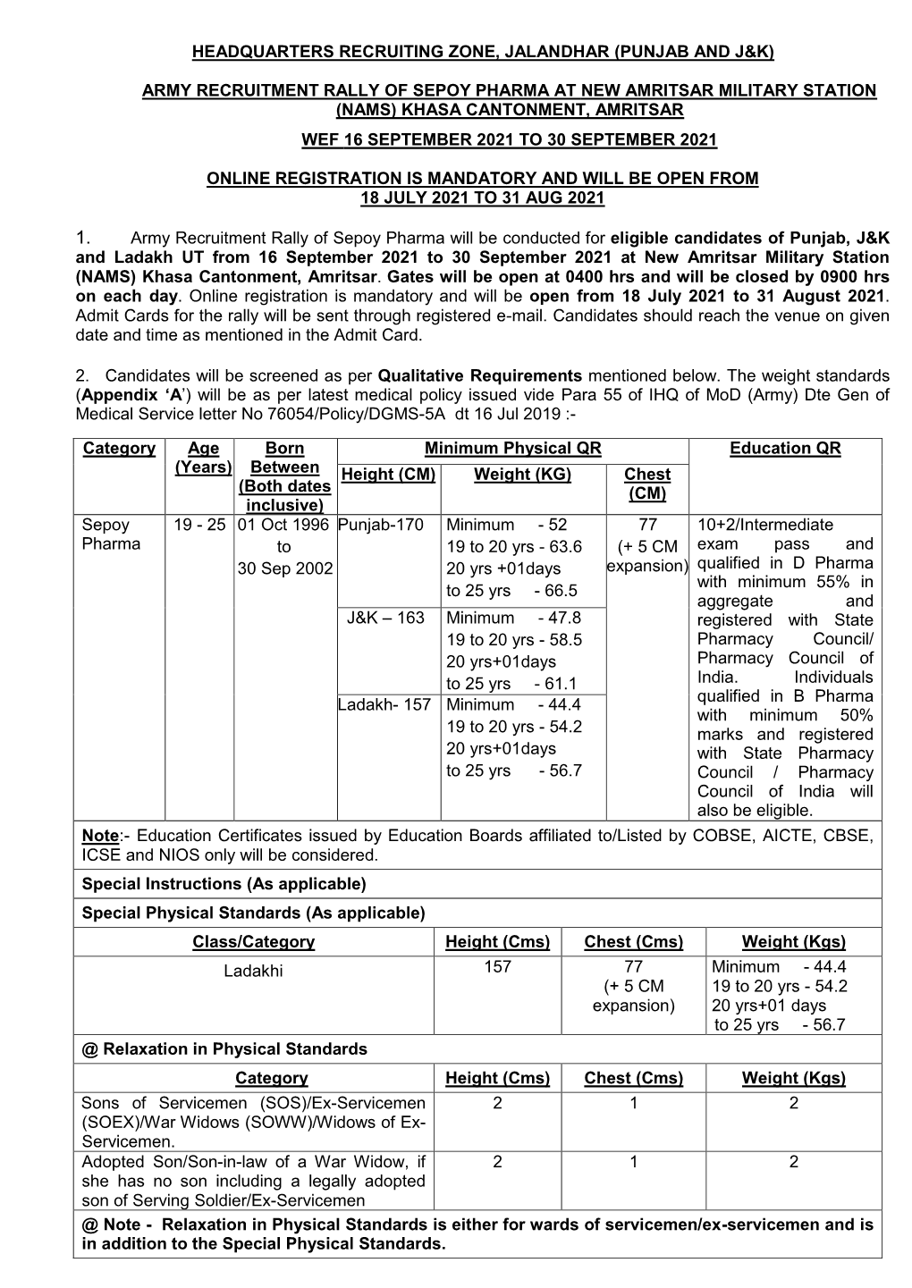 Army Recruitment Rally of Sepoy Pharma for Punjab, J & K And