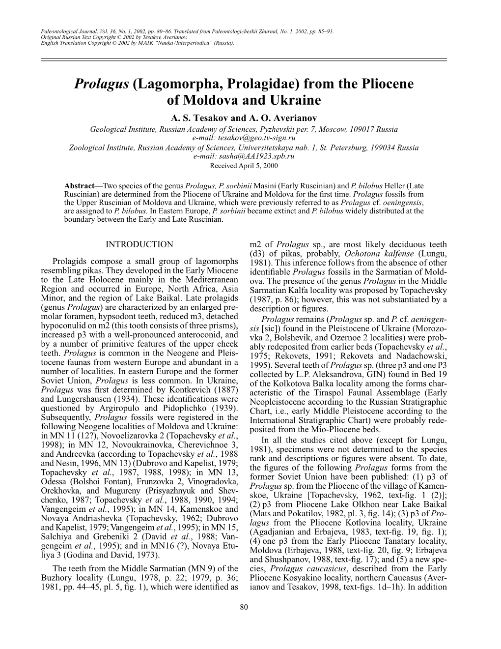 Prolagus (Lagomorpha, Prolagidae) from the Pliocene of Moldova and Ukraine A