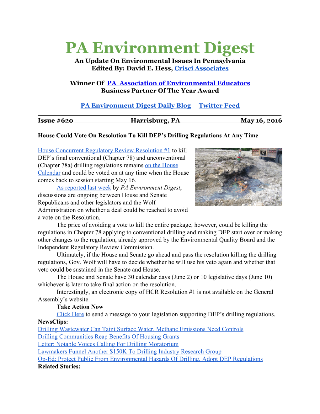 PA Environment Digest an Update on Environmental Issues in Pennsylvania Edited By: David E