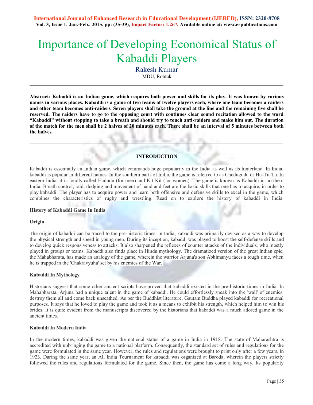 Importance of Developing Economical Status of Kabaddi Players Rakesh Kumar MDU, Rohtak