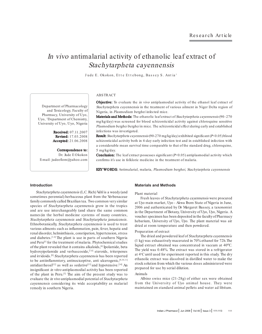 In Vivo Antimalarial Activity of Ethanolic Leaf Extract of Stachytarpheta Cayennensis Jude E