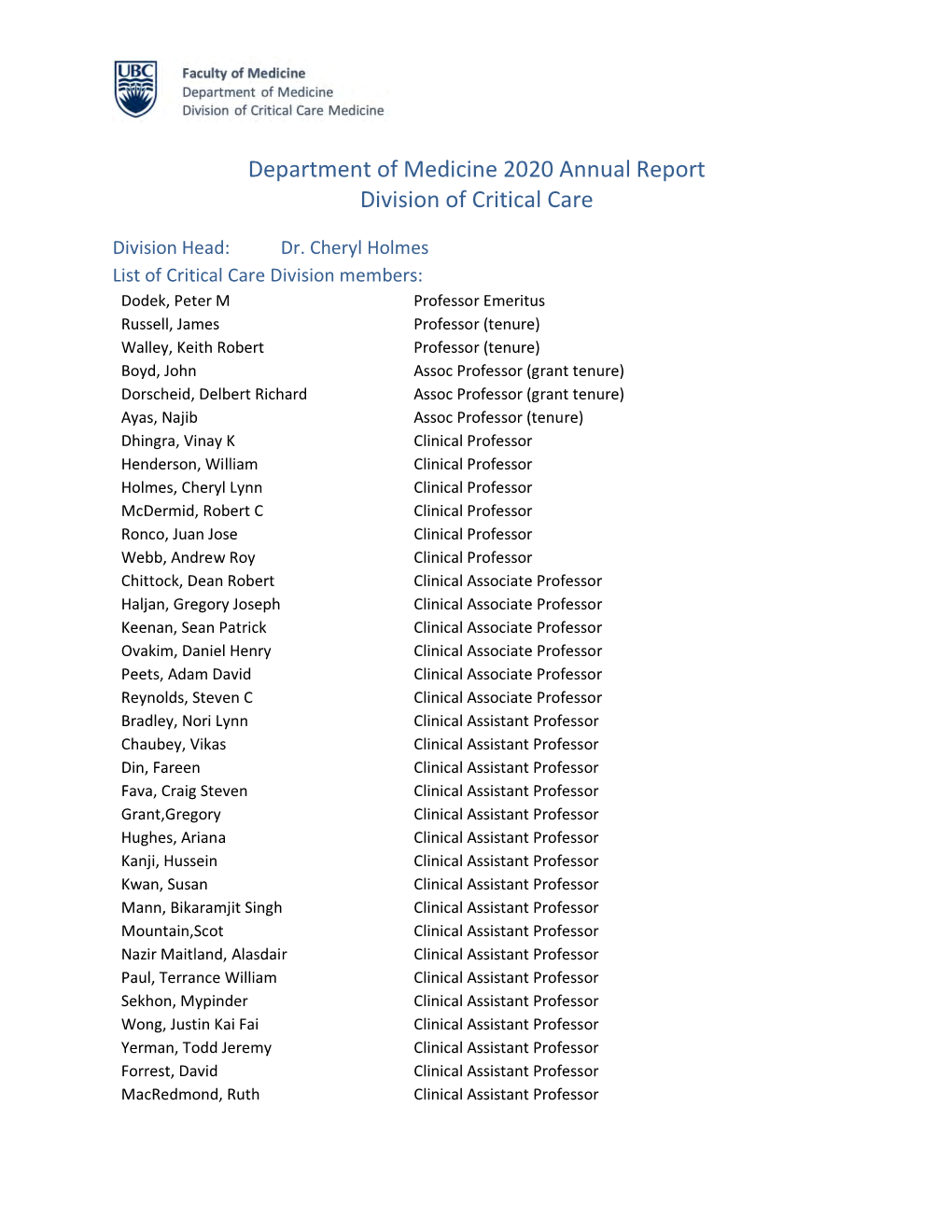 Department of Medicine 2020 Annual Report Division of Critical Care