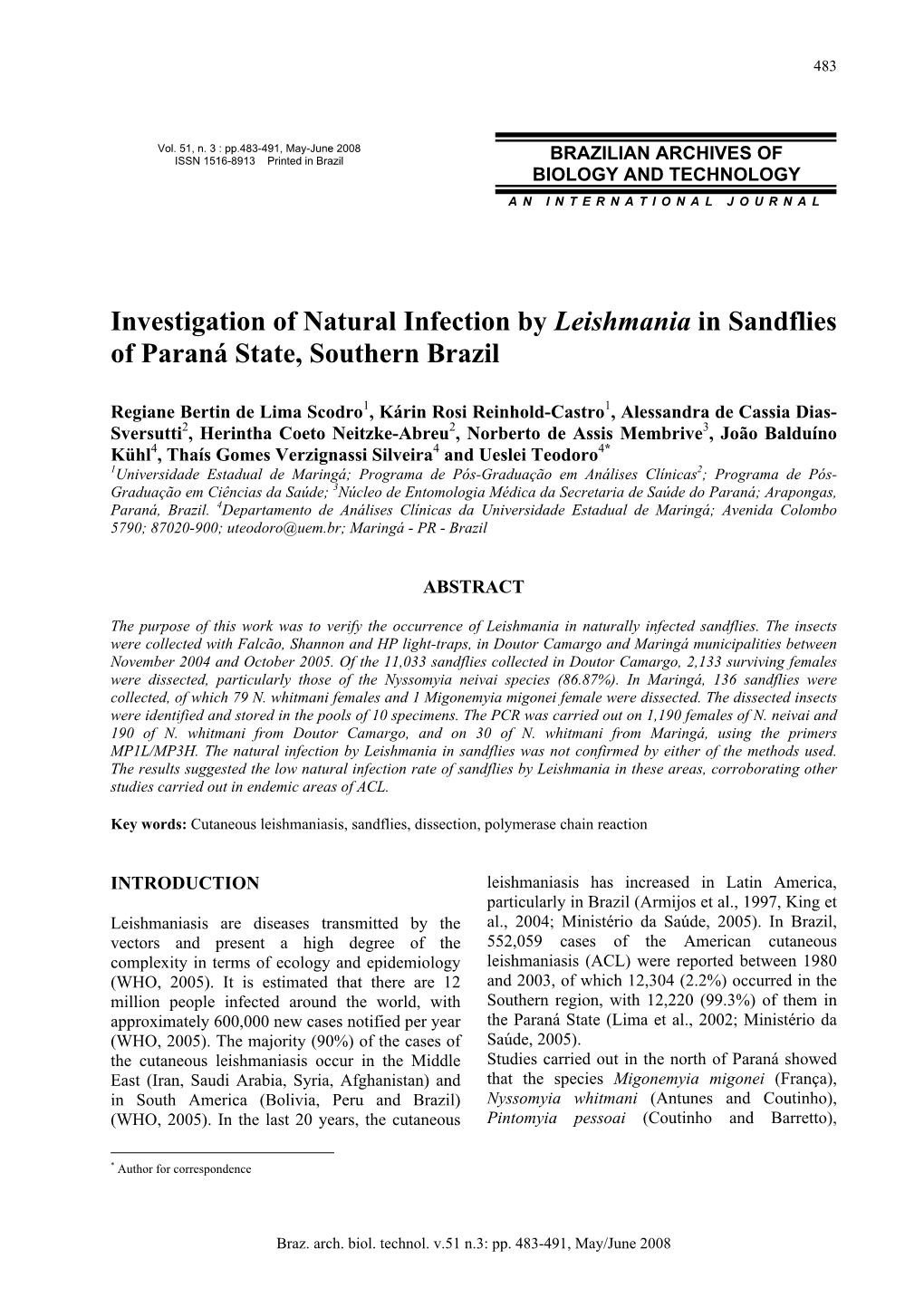 Investigation of Natural Infection by Leishmania in Sandflies of Paraná State, Southern Brazil