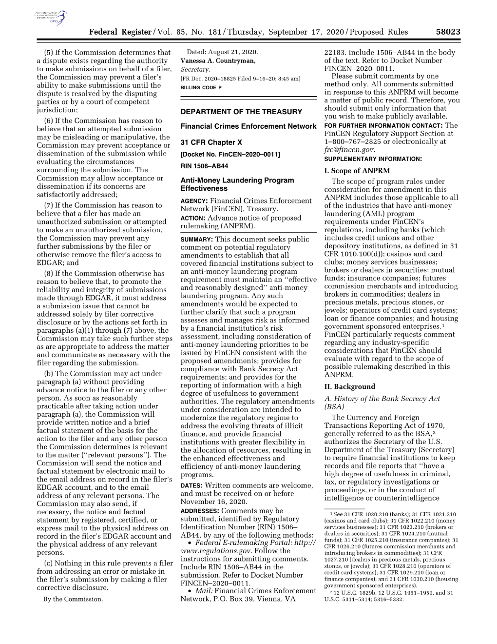 Federal Register/Vol. 85, No. 181/Thursday, September 17, 2020