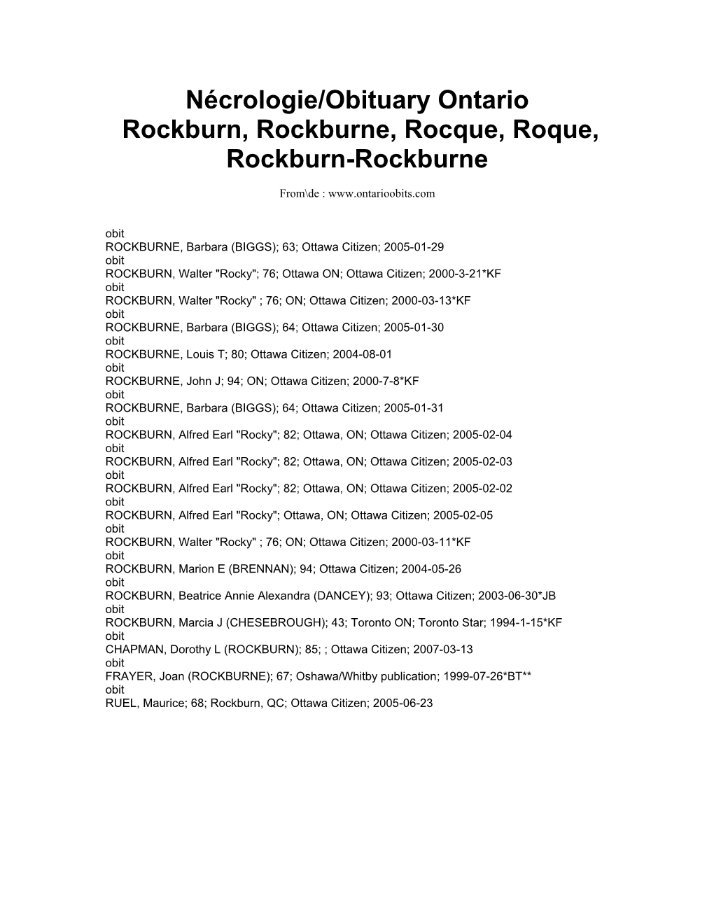 Nécrologie/Obituary Ontario Rockburn, Rockburne, Rocque, Roque, Rockburn-Rockburne