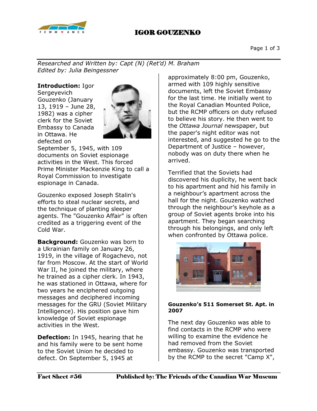 Fact Sheet #56 Published By: the Friends of the Canadian War Museum