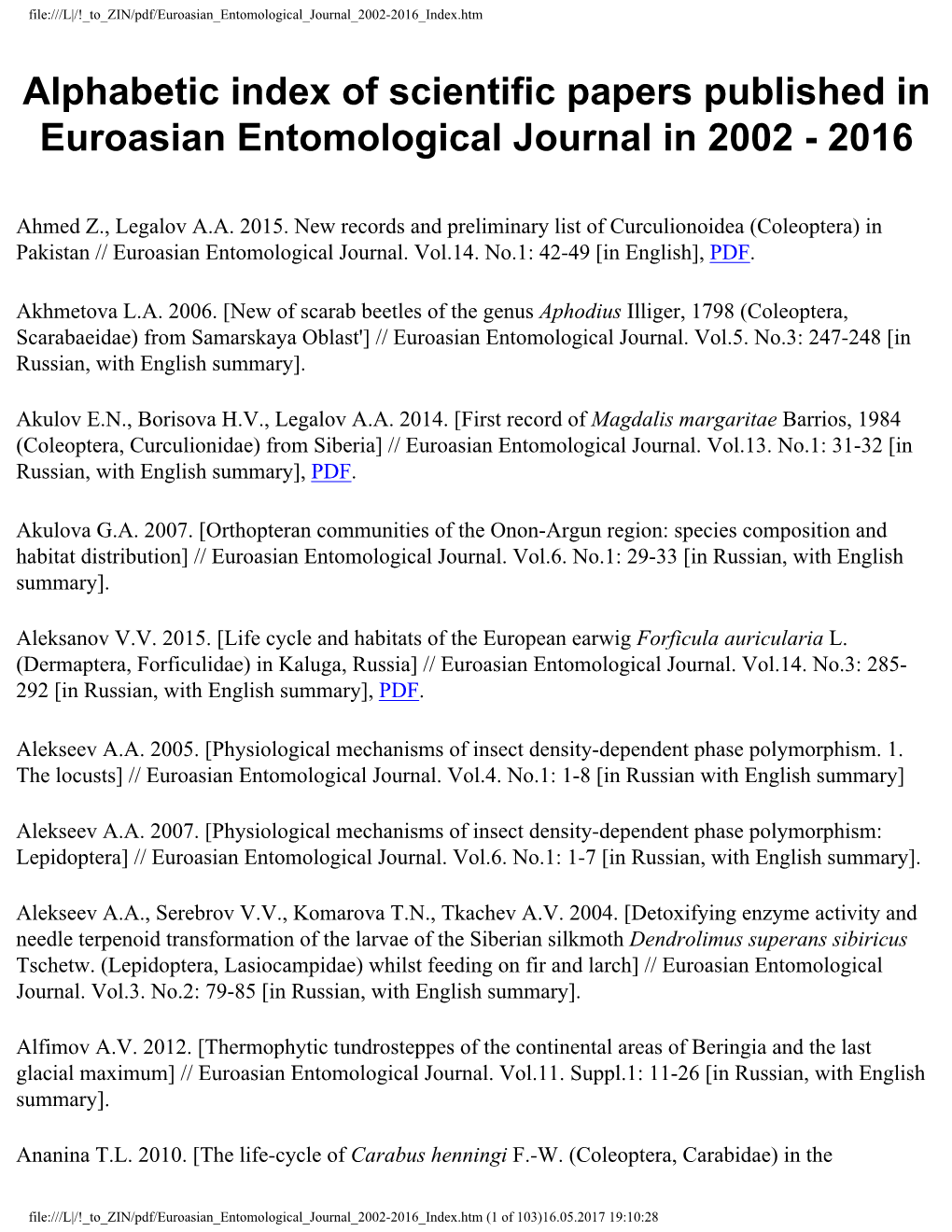 Alphabetic Index of Scientific Papers Published in Euroasian Entomological Journal in 2002 - 2016