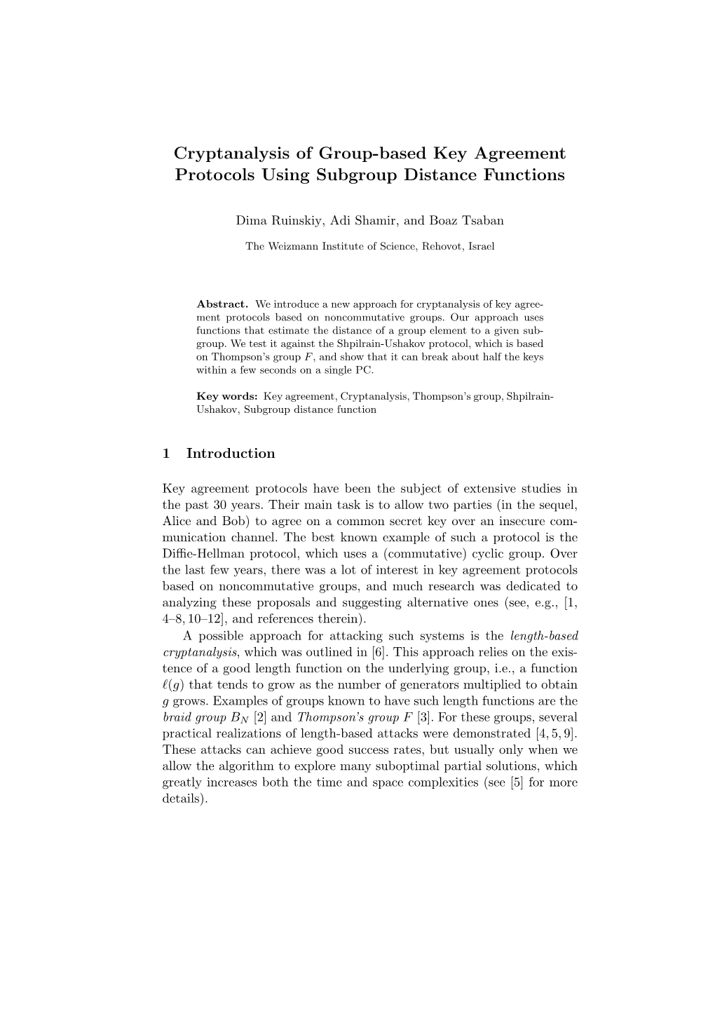 Cryptanalysis of Group-Based Key Agreement Protocols Using Subgroup Distance Functions