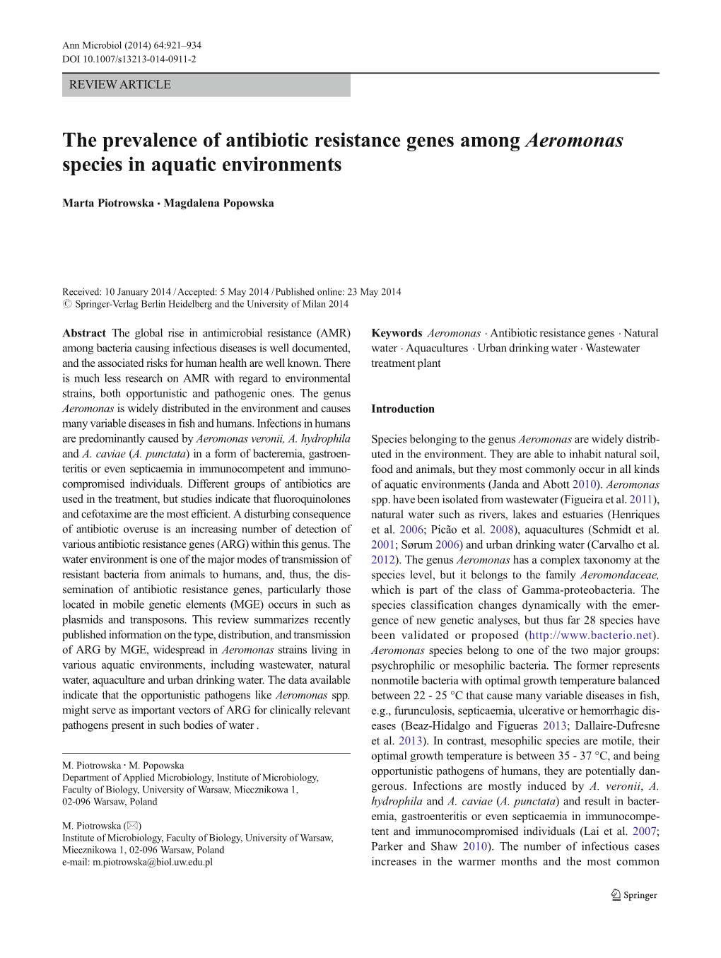 The Prevalence of Antibiotic Resistance Genes Among Aeromonas Species in Aquatic Environments