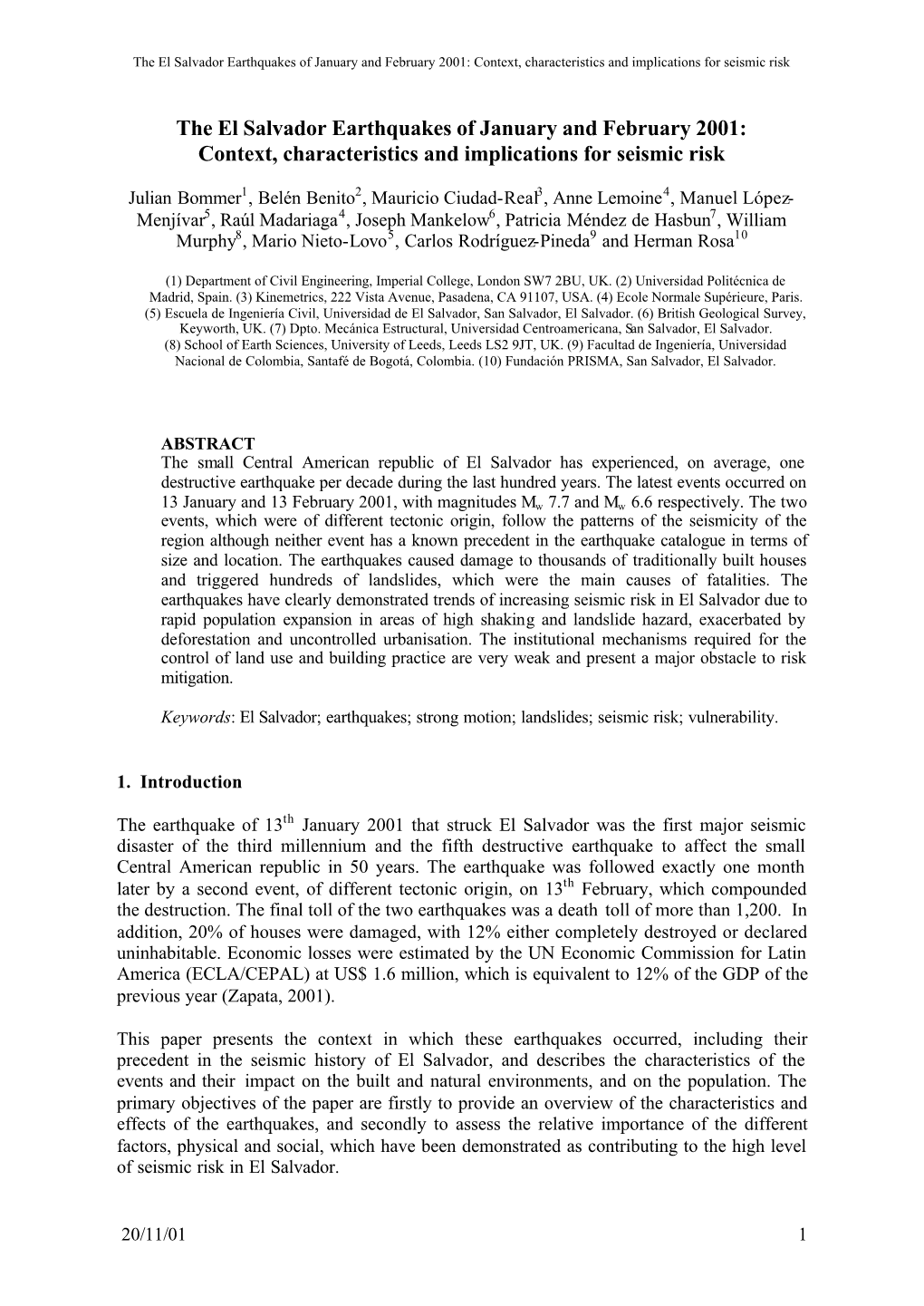 The El Salvador Earthquakes of January and February 2001: Context, Characteristics and Implications for Seismic Risk