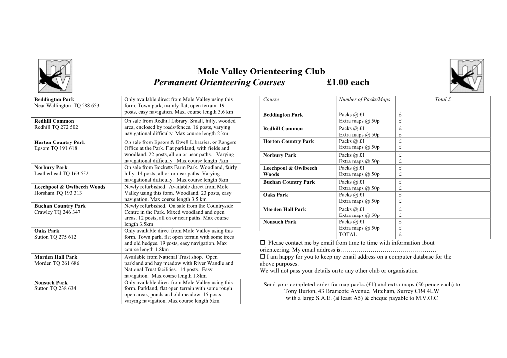 Mole Valley Orienteering Club Permanent Orienteering Courses £1.00 Each