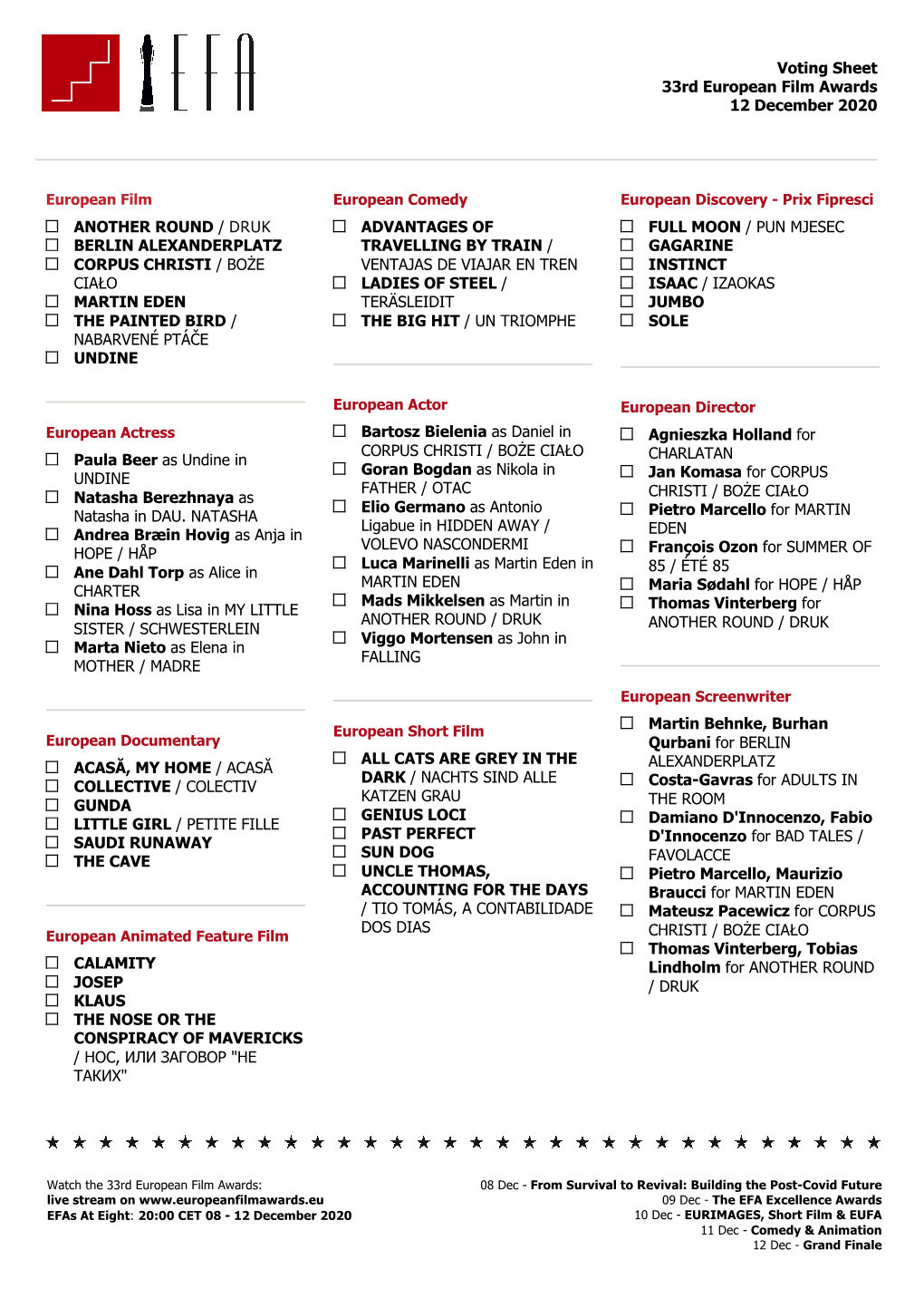 Voting Sheet 33Rd European Film Awards 12 December 2020