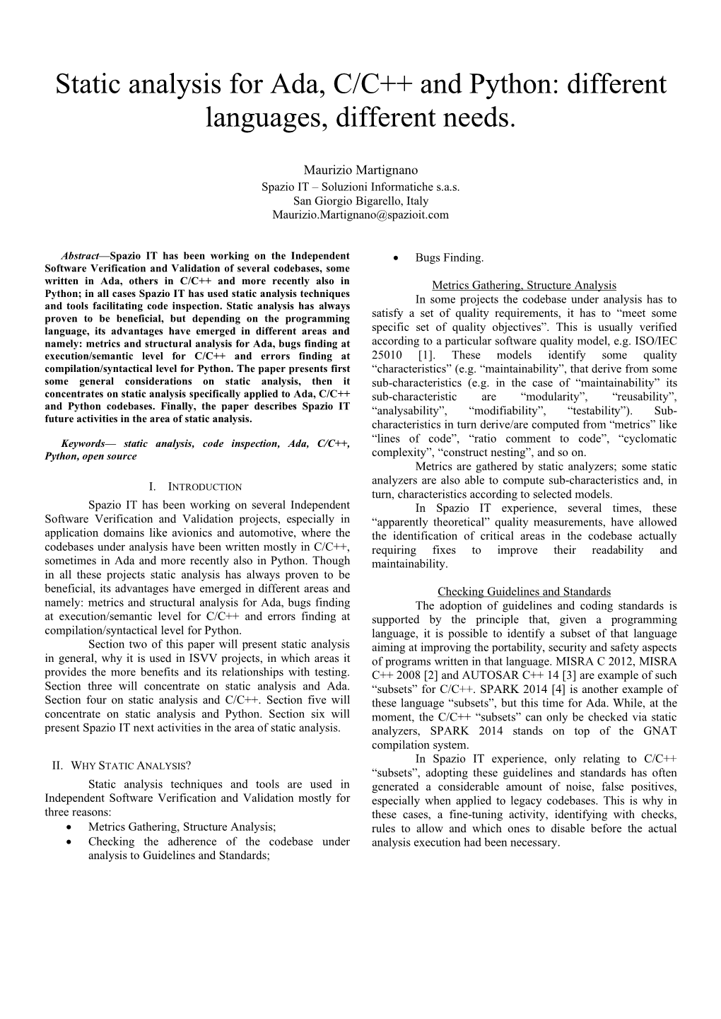 Static Analysis for Ada, C/C++ and Python: Different Languages, Different Needs