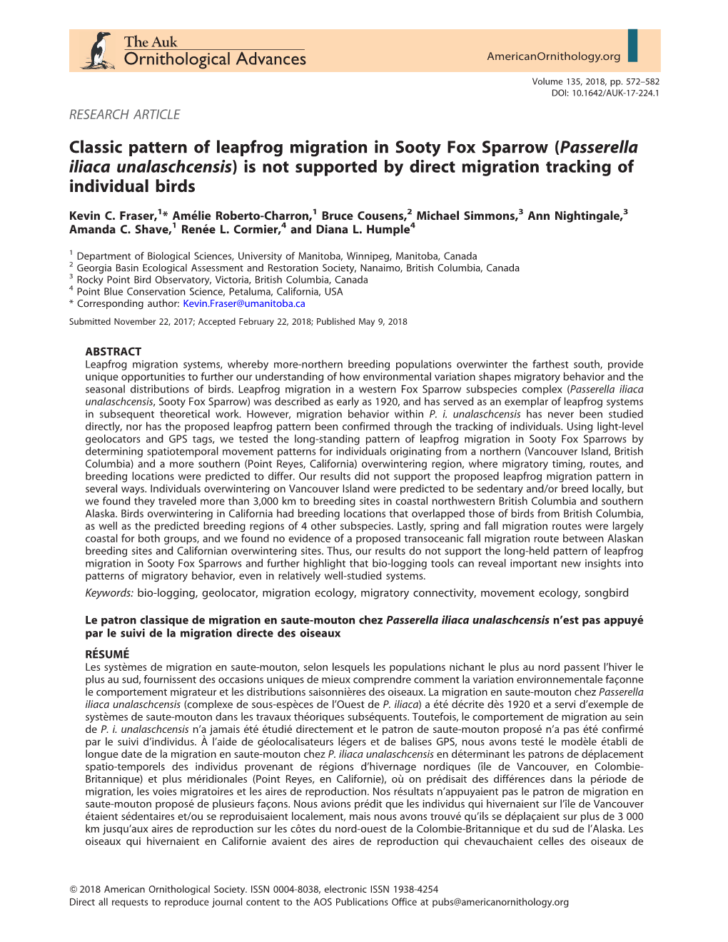 Classic Pattern of Leapfrog Migration in Sooty Fox Sparrow (Passerella Iliaca Unalaschcensis) Is Not Supported by Direct Migration Tracking of Individual Birds
