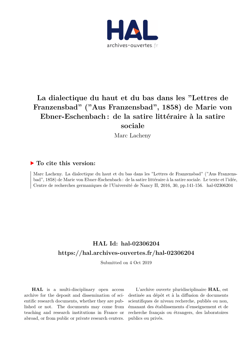 De Marie Von Ebner-Eschenbach : De La Satire Littéraire À La Satire Sociale Marc Lacheny