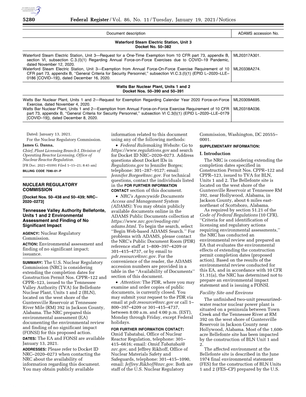 Federal Register/Vol. 86, No. 11/Tuesday, January 19, 2021