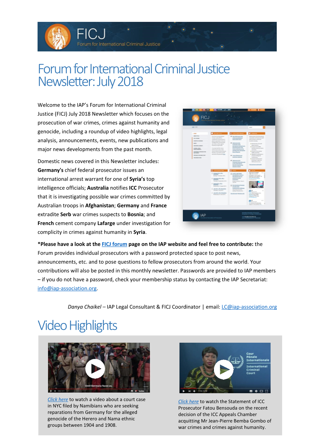 Forum for International Criminal Justice Newsletter: July 2018 Video