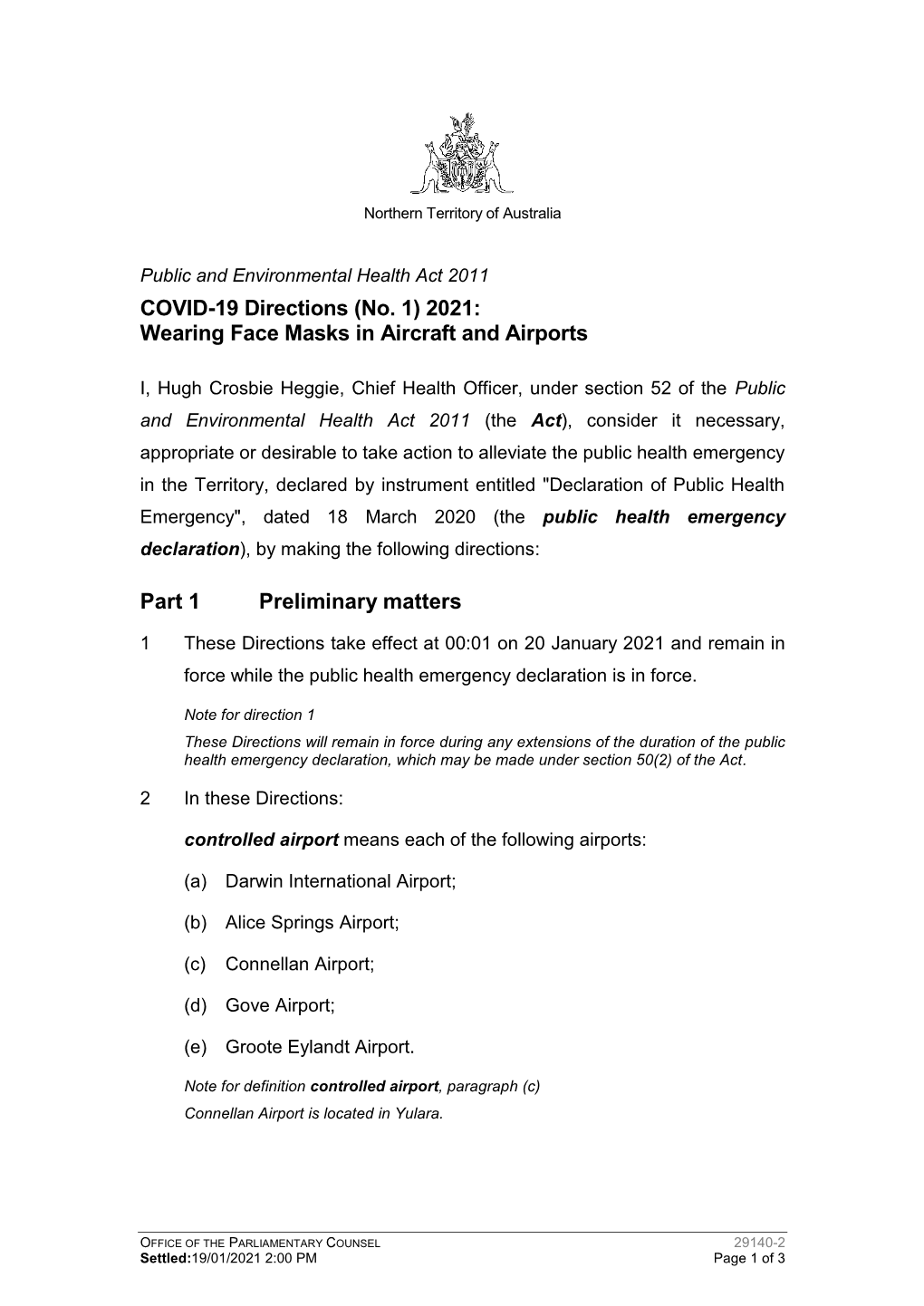 Wearing Face Masks in Aircraft and Airports Part 1 Preliminary Matters