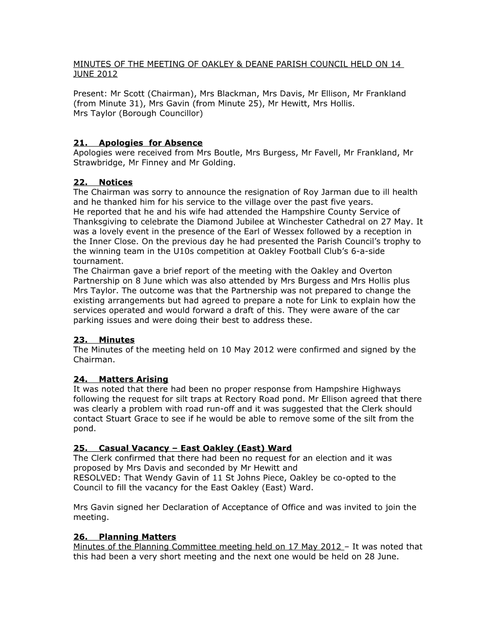 Minutes of the Meeting of Oakley & Deane Parish Council Held on the 12Th November 1998 s1