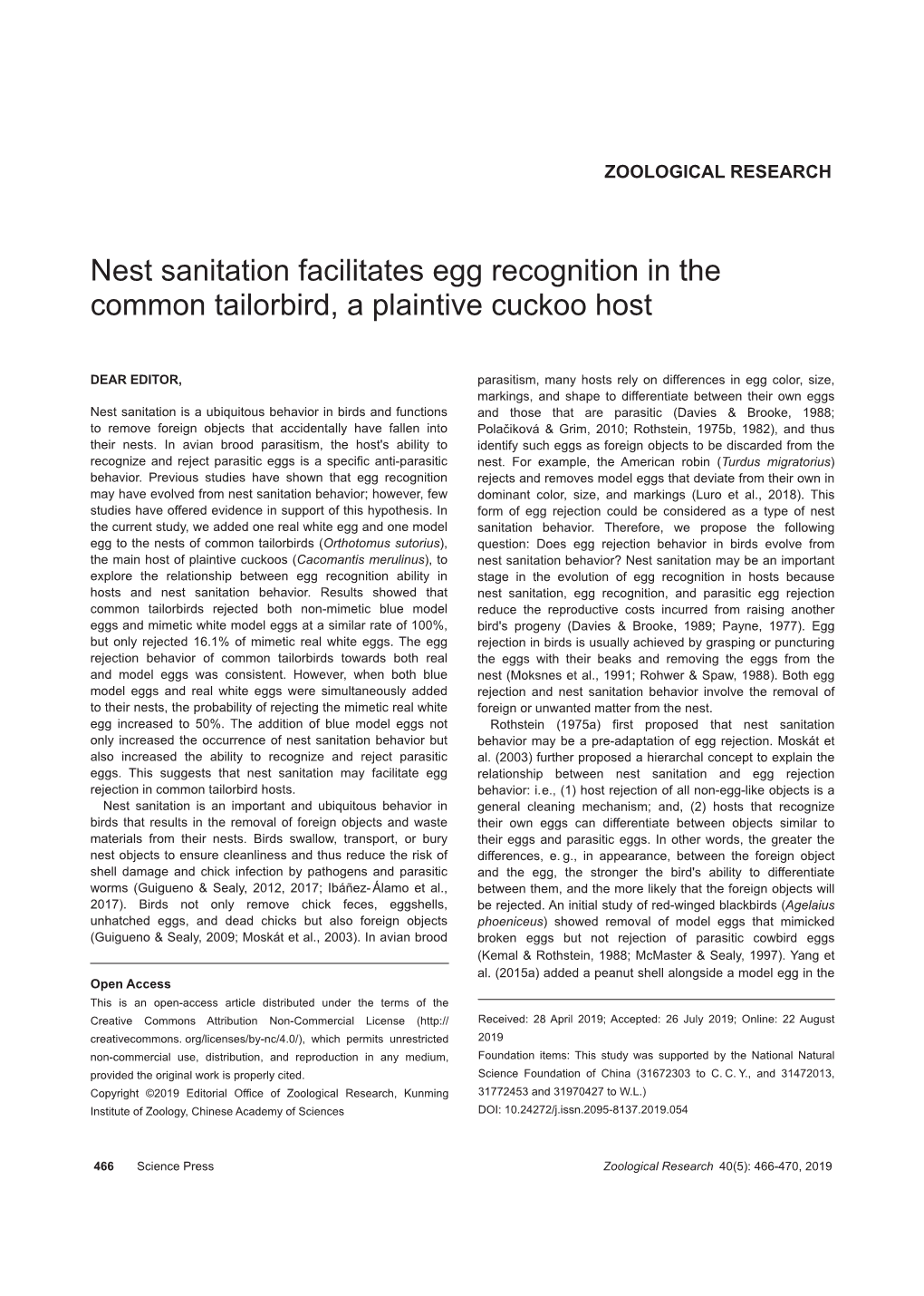 Nest Sanitation Facilitates Egg Recognition in the Common Tailorbird, a Plaintive Cuckoo Host