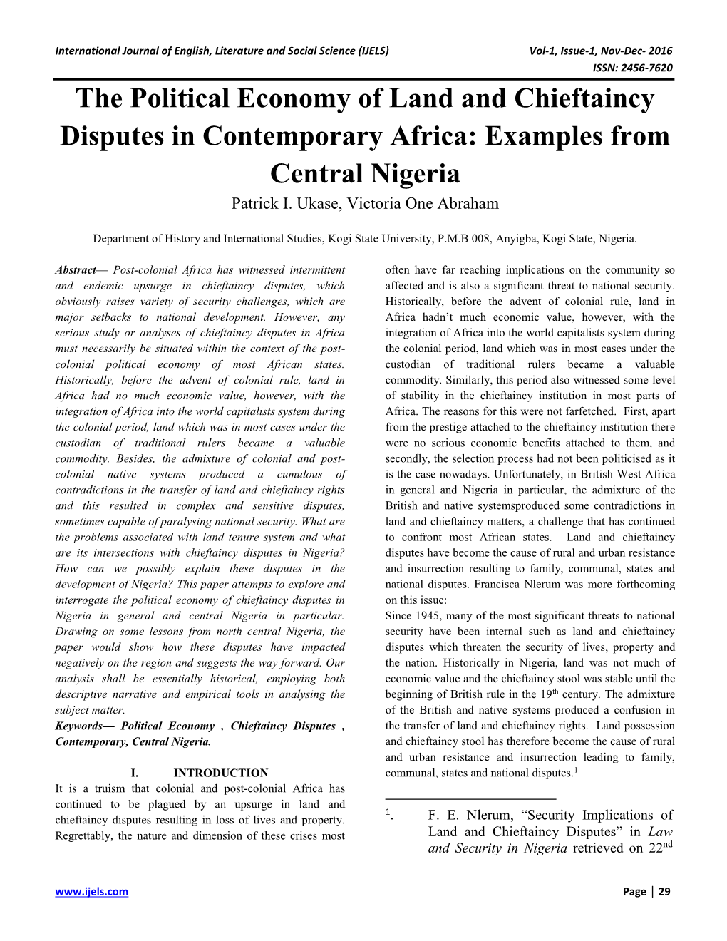 The Political Economy of Land and Chieftaincy Disputes in Contemporary Africa: Examples from Central Nigeria Patrick I