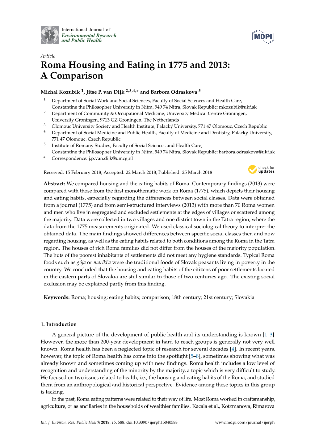 Roma Housing and Eating in 1775 and 2013: a Comparison