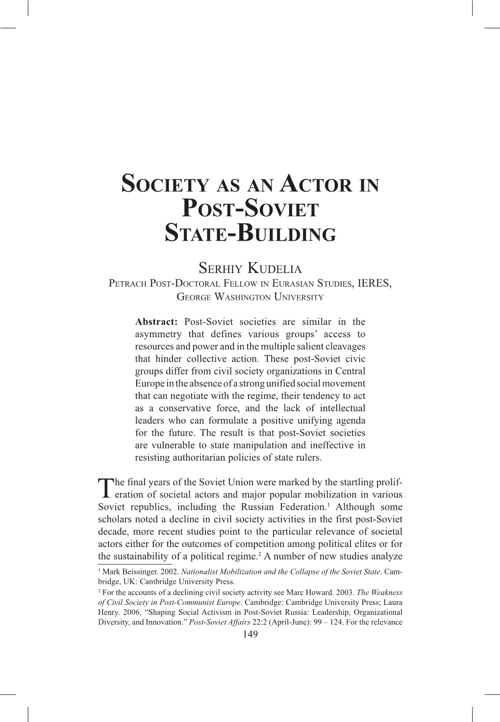 Society As an Actor in Post-Soviet State-Building