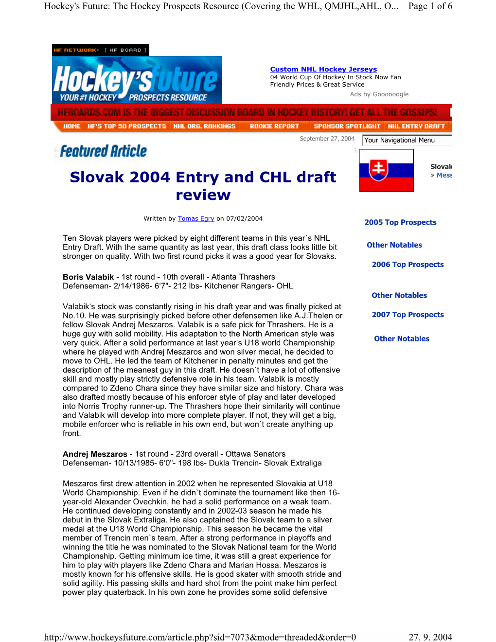 Slovak 2004 Entry and CHL Draft Review