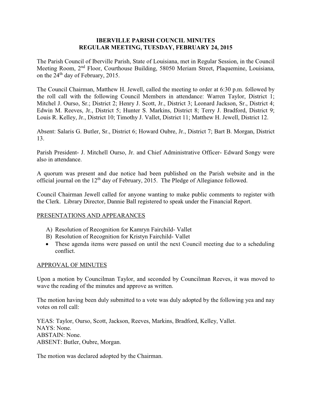 Iberville Parish Council Minutes Regular Meeting, Tuesday, February 24, 2015