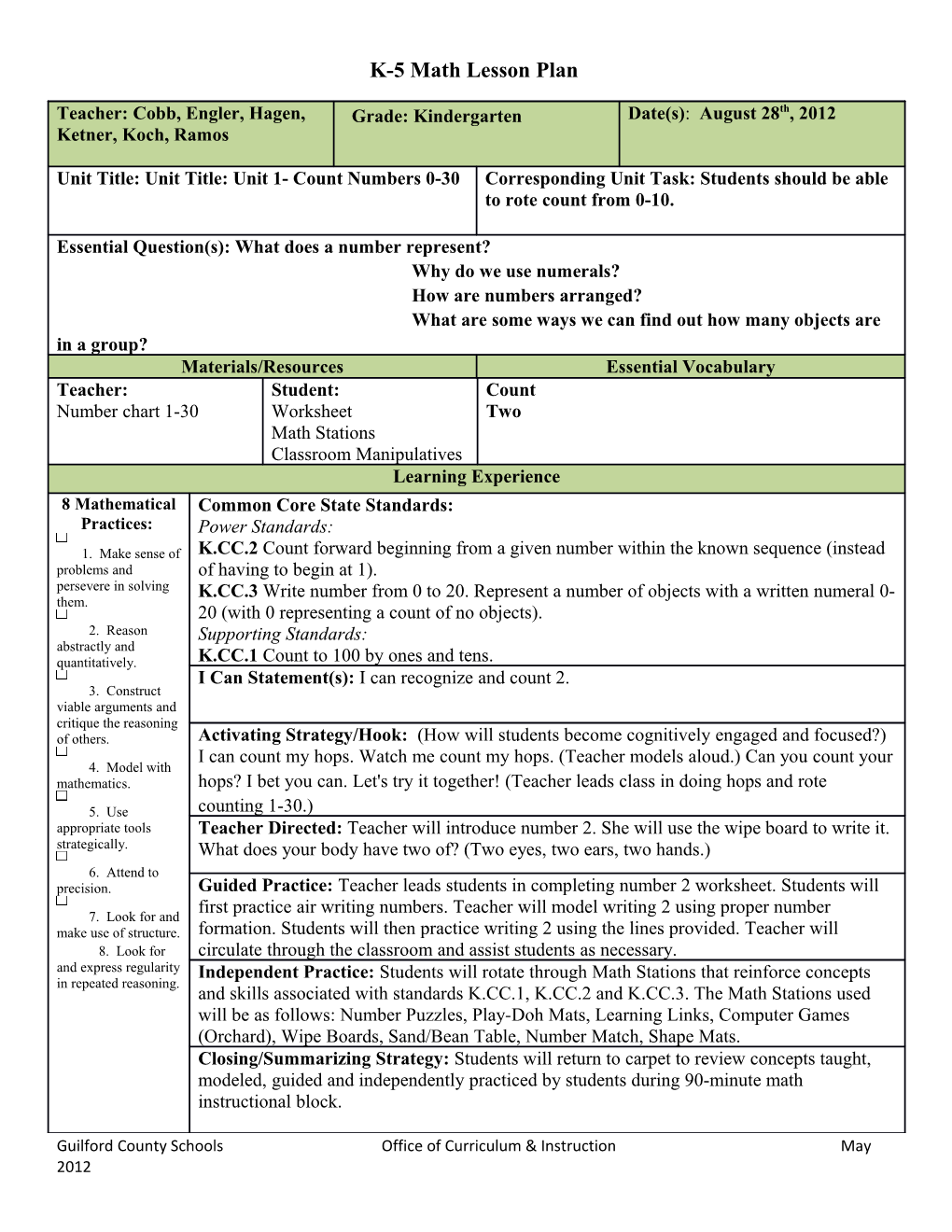 K-5 Math Lesson Plan s4