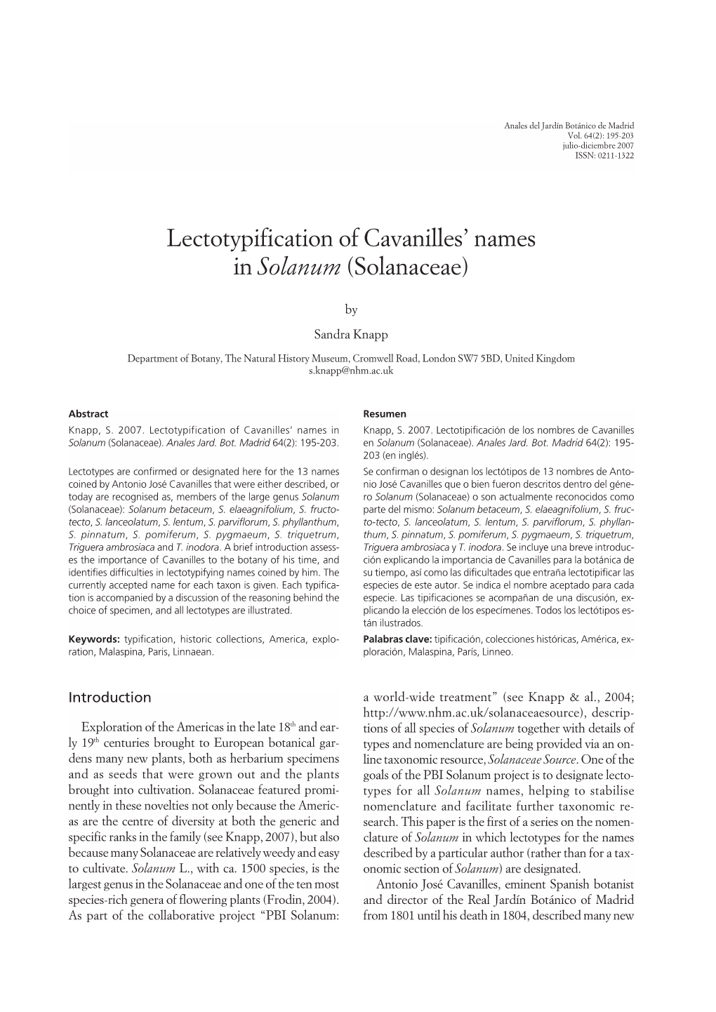 Lectotypification of Cavanilles' Names in Solanum