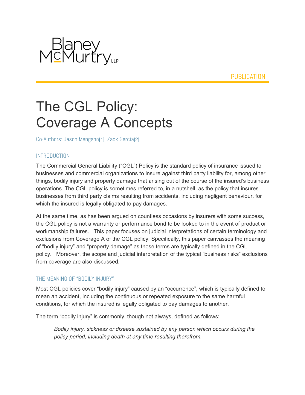 The CGL Policy: Coverage a Concepts