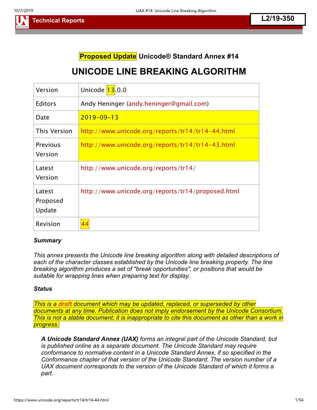 Unicode Line Breaking Algorithm Technical Reports