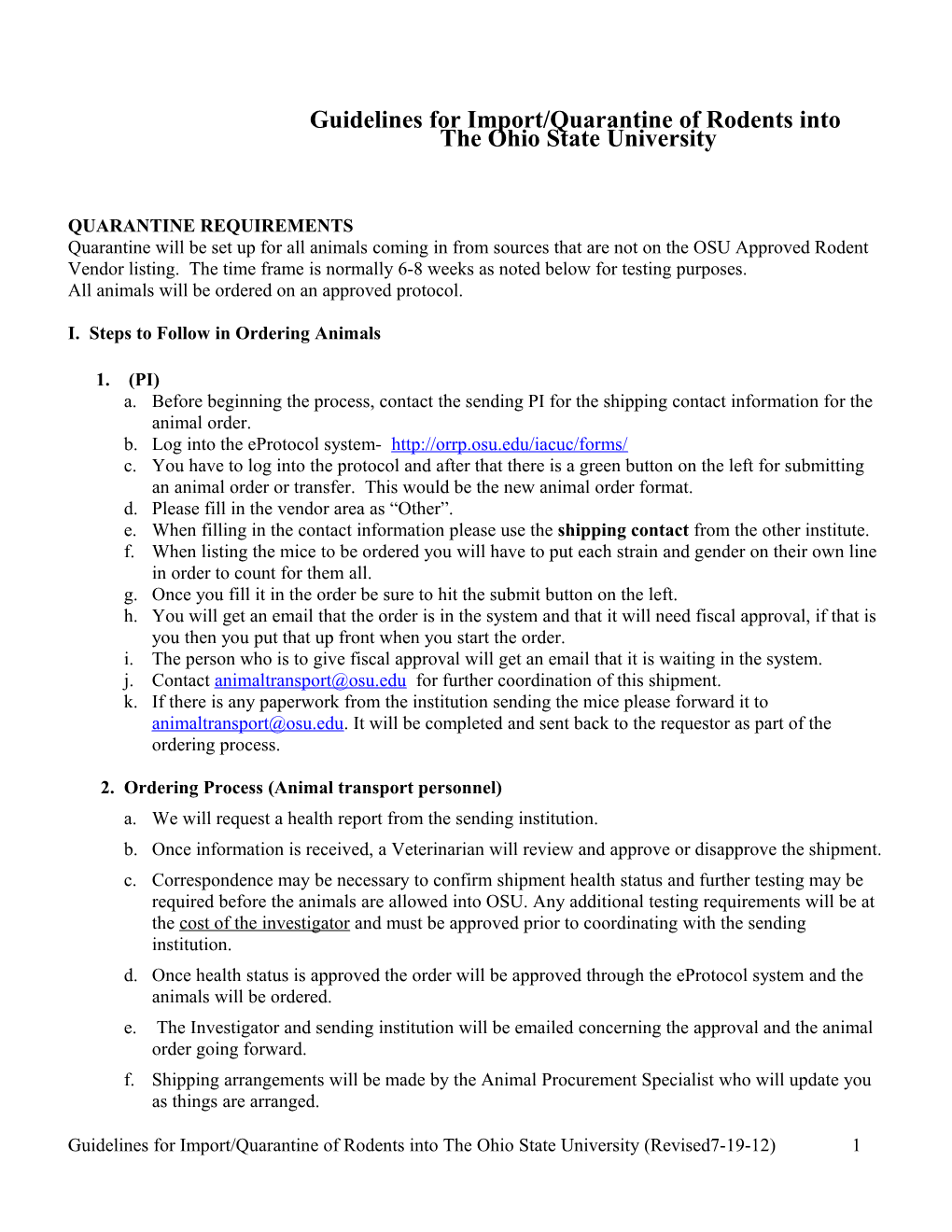 ULAR Quarantine Policy for Rodents