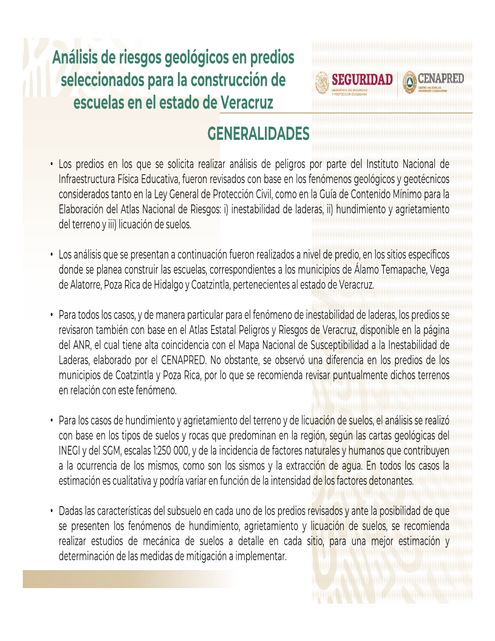 Análisis De Riesgos Geológicos En Predios Seleccionados Para La Construcción De Escuelas En El Estado De Veracruz GENERALIDADES