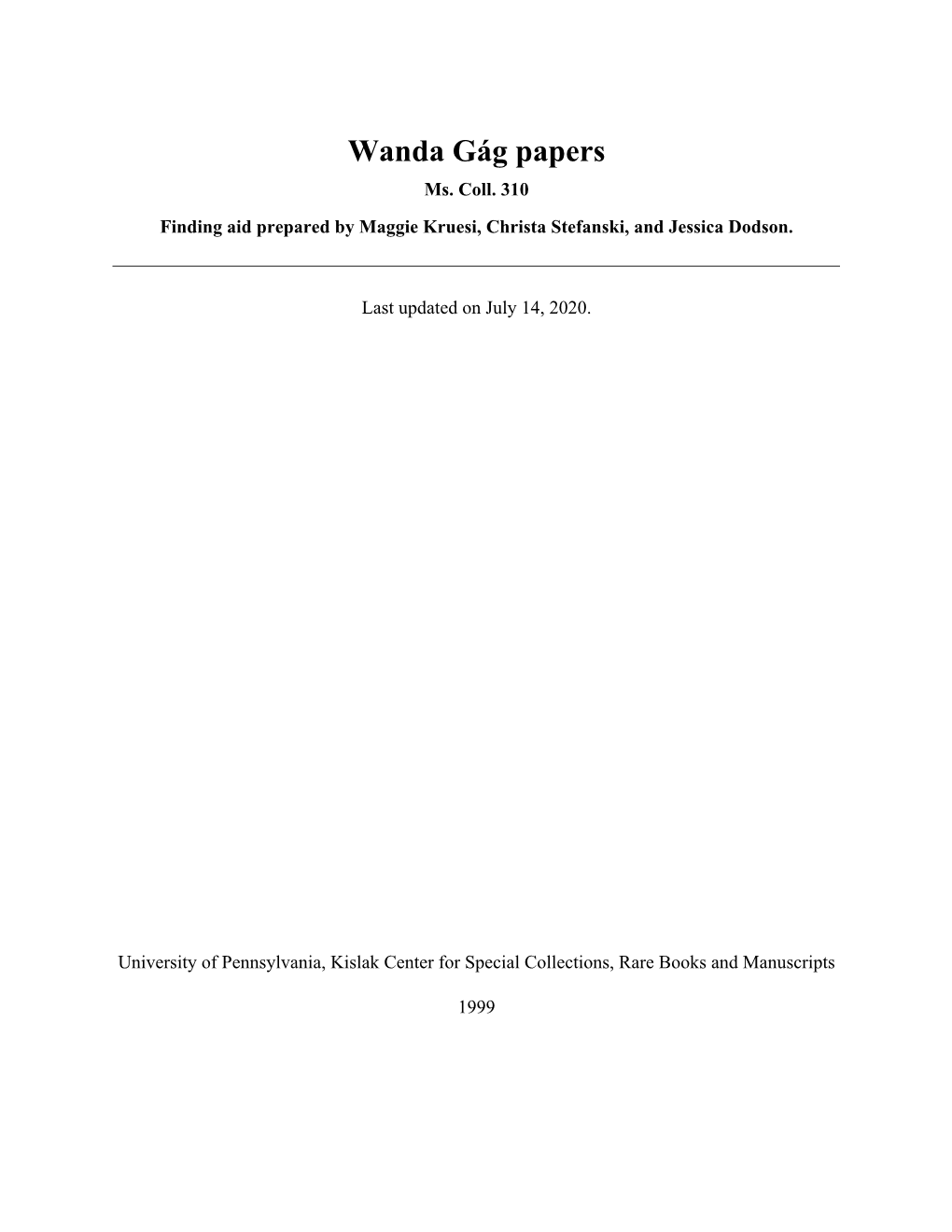 Wanda Gág Papers Ms