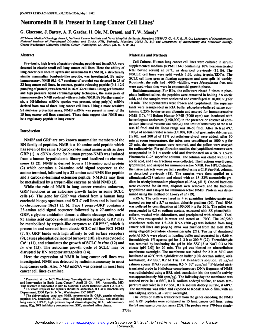 Neuromedin B Is Present in Lung Cancer Cell Lines1